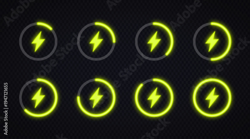Neon energy loading icons showing circular progress levels. Bright electric symbols with glowing charge indicators on transparent background