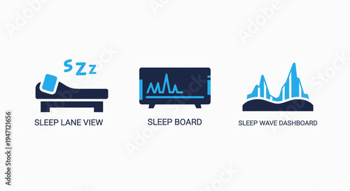 Icons for sleep lane view, sleep board, and sleep wave dashboard, symbolizing sleep monitoring and health analysis