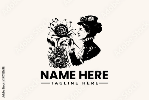 Black and white illustration of a woman in a hat smelling a flower with logo and tagline text on a beige background.
