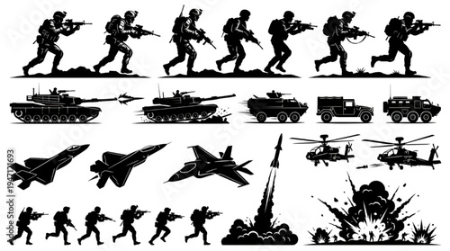 Military War Silhouette Collection Soldiers Tanks Jets Helicopters