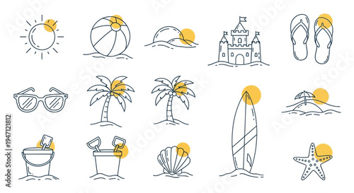 Playful Summer Beach Essentials Icons with Sun, Sandcastle, and Surfboard on Isolated White Background