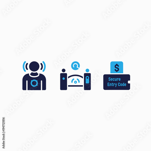 Security and access icons for user protection, entry gates, and secure coding for digital systems