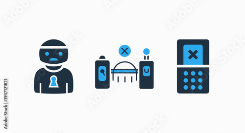 Icons for cybercrime, locked data, and denied access, symbolizing threats, hackers, and security breaches