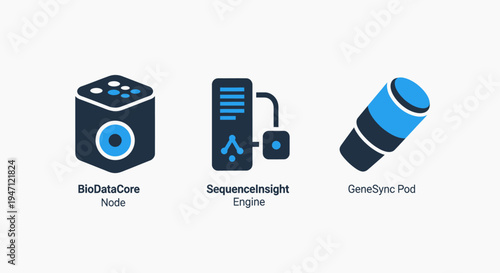 Icons for data analysis, genetic sequencing, and bioinformatics nodes, representing scientific research and technology