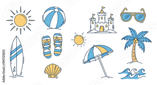 Classic Summer Beach Elements Doodle Collection on Isolated White Background, happy and sunny mood