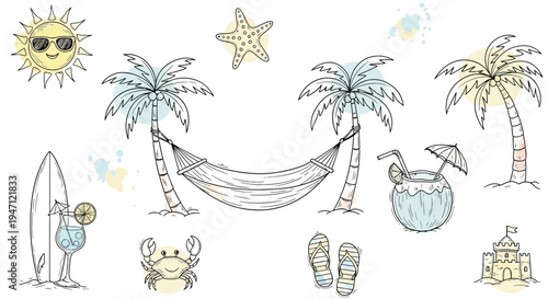 Idyllic Tropical Beach Vacation Icons with Hammock and Palm Trees on Isolated White Background, peaceful and exotic mood