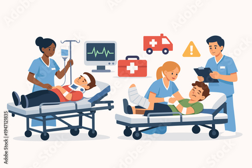 Medical nurses providing urgent care and treatment to accident victims in a hospital emergency room, flat vector illustration of healthcare professionals helping injured patients on stretchers.