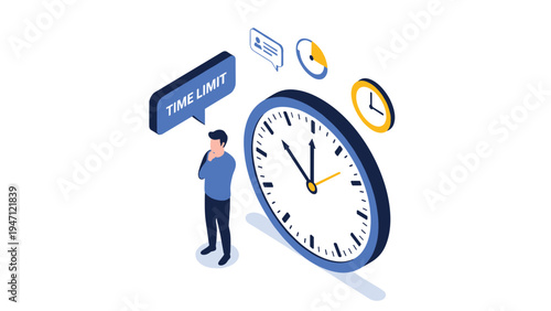 Professional man managing deadlines next to giant clock and time limit sign in clean isometric illustration style.