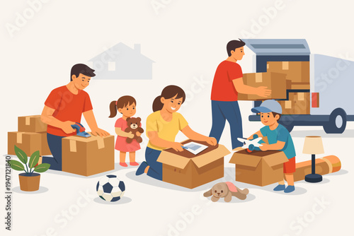 Happy family with parents and children packing cardboard boxes and loading a moving truck to relocate to a new home. Flat vector illustration of people moving house together with toys and goods.