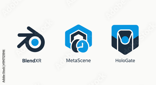 Abstract icons for virtual reality, metaverses, and holographic technology, representing digital worlds and immersive experiences