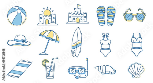 Diverse Summer Beach Activity and Vacation Doodles on Isolated White Background, active and lively mood