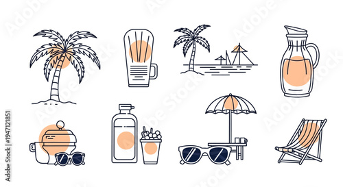 Summer beach vacation essentials icon set with orange accent lines, isolated white background