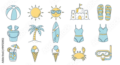 Playful Summer Beach Essentials Doodle Collection on Isolated White Background, bright and happy mood