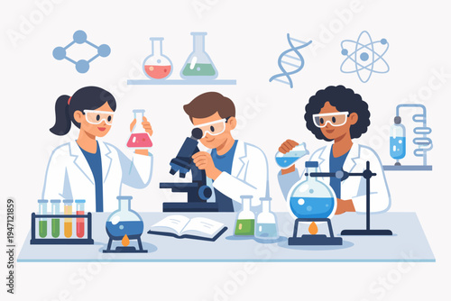 Diverse young scientists conducting chemistry experiments in a laboratory with microscopes, beakers, and test tubes. Flat vector illustration of students in lab coats doing research and STEM.