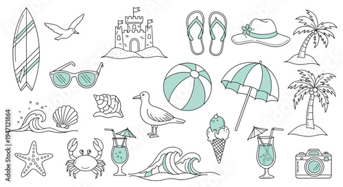 Extensive Summer Vacation and Beach Recreation Doodles on Isolated White Background, fun and energetic mood