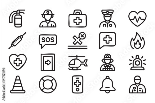 Emergency Services First Aid Line Icon Set with Firefighter Police Medical and Rescue Symbols