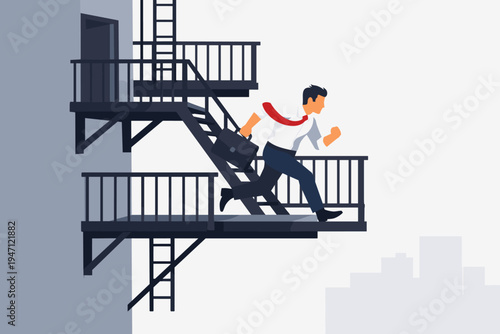 Businessman in Suit Running Down Building Fire Escape with Briefcase, Concept of Escaping Work Stress, Quitting Job, Emergency Exit, Career Change, and Freedom, Flat Vector Illustration