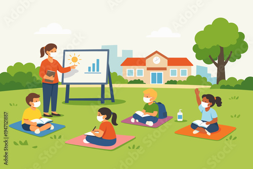 Teacher and students wearing face masks in an outdoor classroom setting at school to prevent the spread of COVID-19, social distancing education, learning in nature, back to school vector.