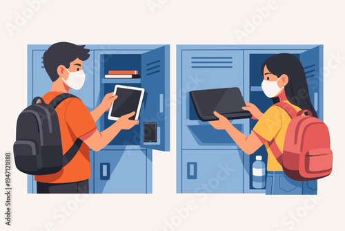 Students Wearing Face Masks Storing Digital Tablets and Laptops in School Lockers. Flat Vector Illustration of Boy and Girl with Backpacks Following Safety Protocols in Educational Environment.