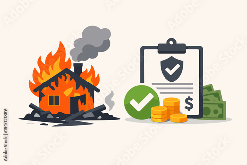 Flat vector illustration of home insurance concept featuring a burning house next to a policy document, checkmark, and money. Property damage coverage, fire disaster claim, and financial security.