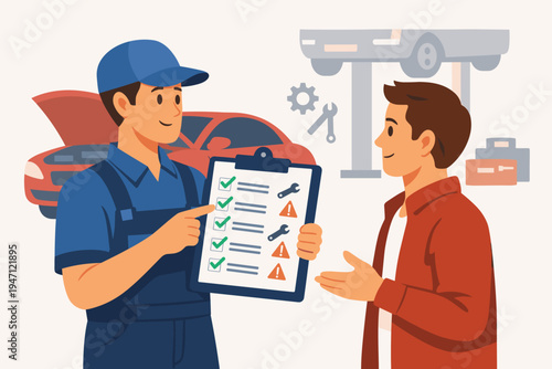 Professional auto mechanic in blue uniform showing a detailed car repair checklist on a clipboard to a male customer in a garage, flat vector illustration of vehicle maintenance and repair service.