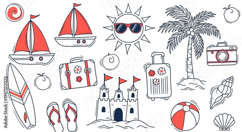 Summer Travel and Beach Holiday Doodles Set, Red Accented Vector Collection on Isolated White Background