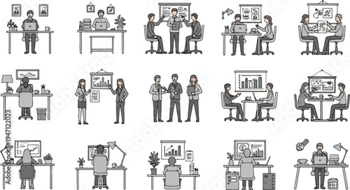 Business meeting and office work illustrations