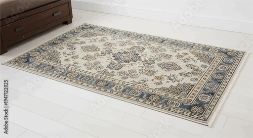 An ornate rug with intricate patterns rests on a clean, bright floor