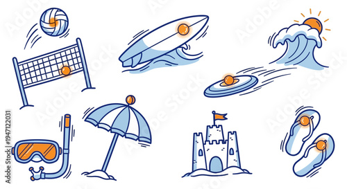Set of Blue and Orange Outline Summer Beach Sports and Recreation Icons, Featuring Volleyball Net, Surfboard, and Sandcastle on an Isolated White Background