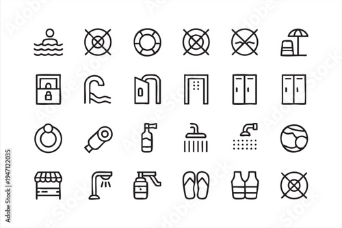 Minimal Swimming Pool Icon Collection with Lifebuoy Locker Flip Flops and Shower