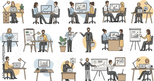 Business office scenes with individuals working at desks and presenting