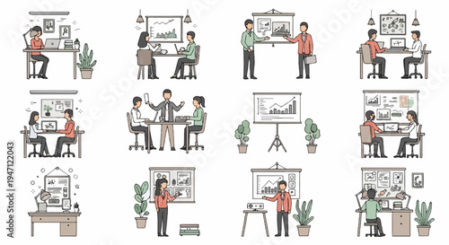 Business meeting scenarios with people collaborating and presenting data
