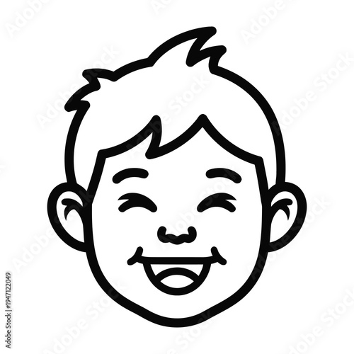 Smiling cartoon boy face with winking eyes and spiky hair on white background happy expression