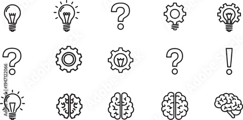 Brainstorming and creative thinking thin line icons with lightbulbs, brains, and gears.