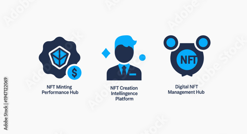 Nft technology icons: minting hub, creation platform, digital management, non fungible token, digital asset, smart contract, flat design