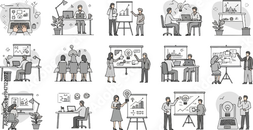 Business people collaborate and present ideas in various office settings