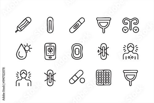 Feminine Hygiene Menstrual Care Line Icon Set with Tampon Pad Cup and Period Tracker