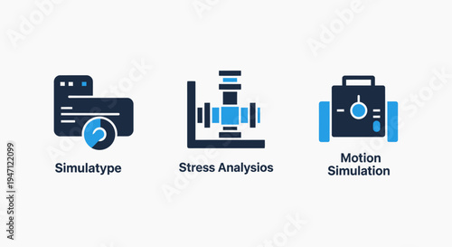 Simulation and analysis icons: simulatype, stress analysis, motion simulation, simulation software, flat design