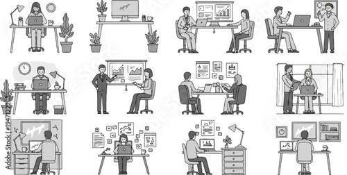 Diverse individuals collaborating and working at desks in office environments