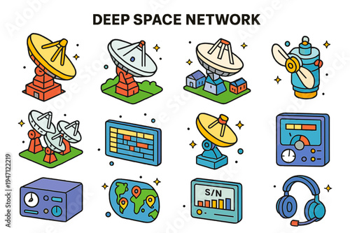 Deep Space Icons. Deep Space Network. Colorful isometric vector icons set of Deep Space Network: Goldstone antenna, Madrid complex, Canberra complex, 70m dish,