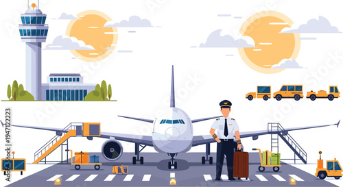 Airport Ground Operations and Aviation Travel Vector Illustration with Airplane, Pilot, Control Tower, Service Vehicles and Boarding Equipment