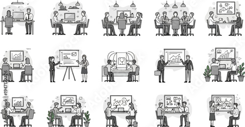 Diverse office scenes, business meetings, and presentations depicted