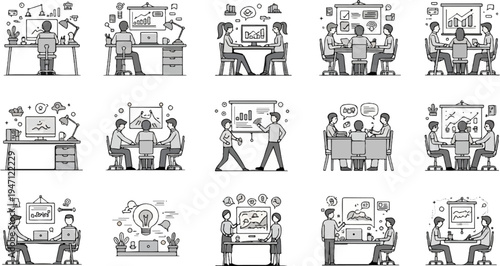 Diverse illustrations depict business meetings, brainstorming, and individual work setups