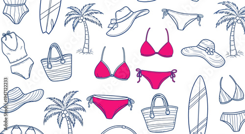 Seamless pattern of pink and outline summer vacation essentials, featuring bikinis, hats, palm trees, surfboards, and beach bags on an isolated white background.