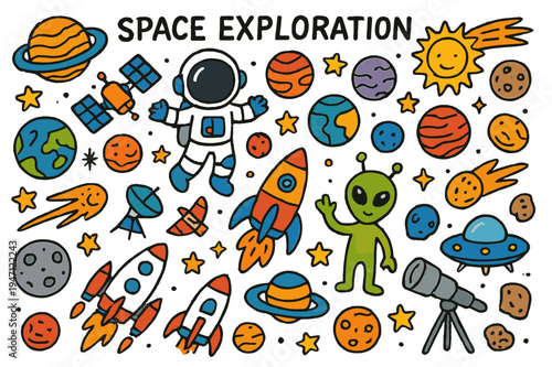 Colorful Space Adventure. Space Exploration. Colorful Hand-drawn doodle Children illustration Space Exploration, planets, stars, rockets, astronauts, aliens,