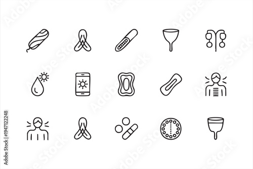 Women Reproductive Health Line Icons Featuring Period Tracking and Hygiene Products