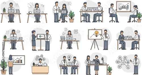 People collaborating and working at desks and presenting ideas