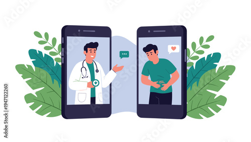 Remote medical consultation between doctor and patient with stomachache shown on dual smartphone screens.