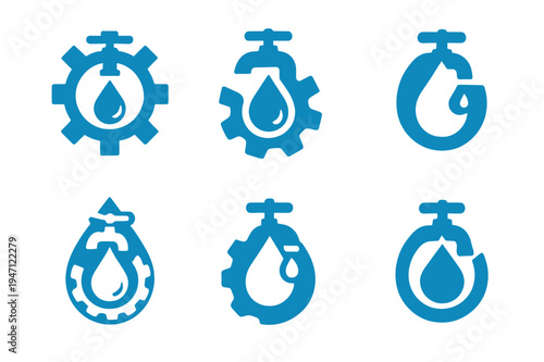Leaky Faucet Logos. Fixing a leaky faucet in the kitchen. Icon set. Set Logo of Fixing a leaky faucet in the kitchen: water droplet with gear. harmonious logo