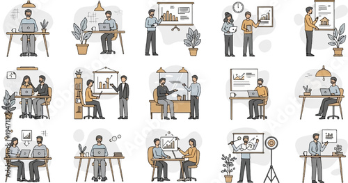 Diverse office scenes presentations, discussions, and individual work